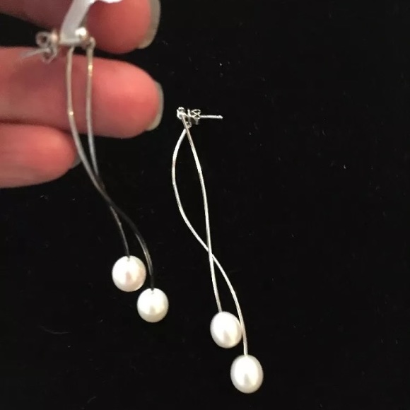Long Sterling Silver and Pearl Dangle Earrings - Picture 2 of 4